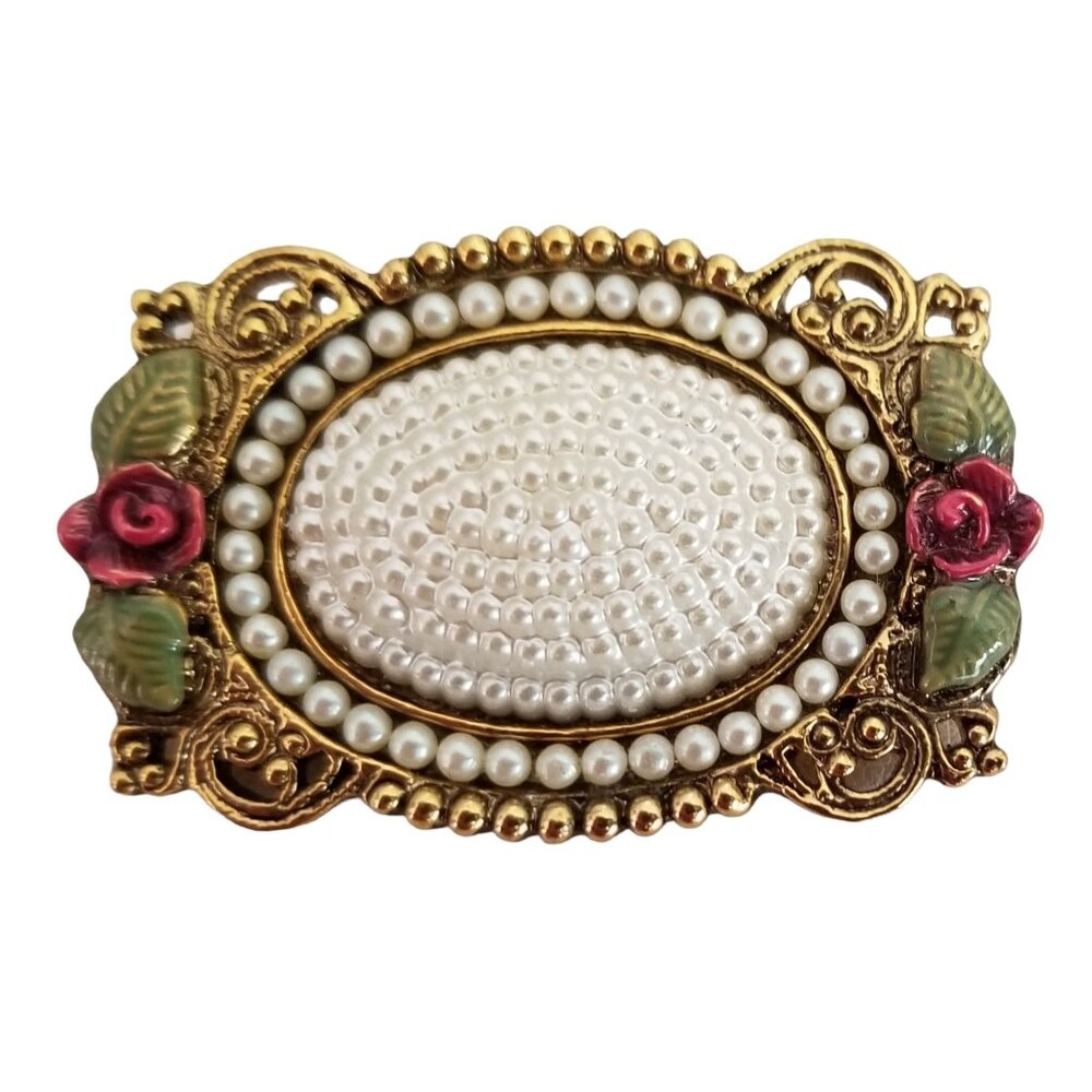 1928 Jewelry Faux Pearl Pink Rose Enamel Brooch Pin, M410